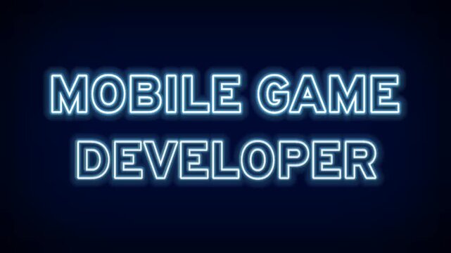 Professional Neon Blue Mobile Game Developer Text Sign for App Development Studios and Creative Digital Software Engineering Careers Concept