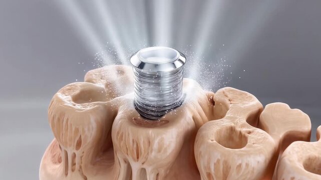 Dental implant procedure with screw in jawbone model