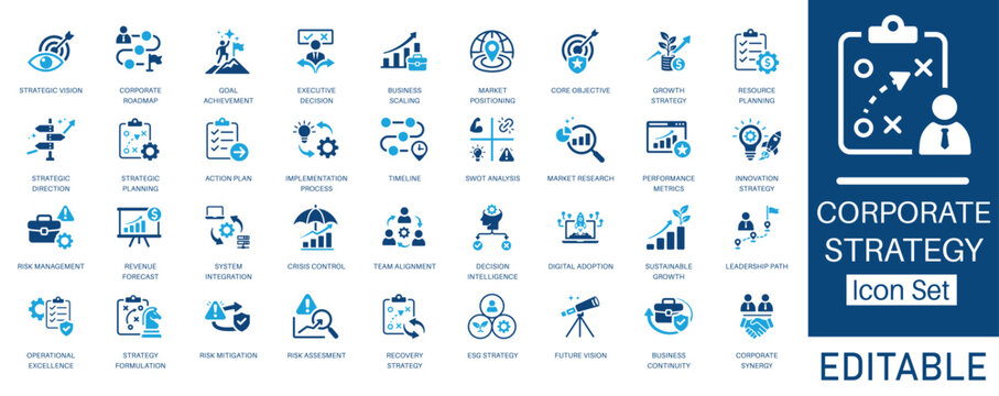 Corporate Strategy and Business Planning icon set. Includes symbols for SWOT Analysis, ESG Strategy, Roadmap, and Market Research. Solid glyph vector icons for leadership and startup projects.