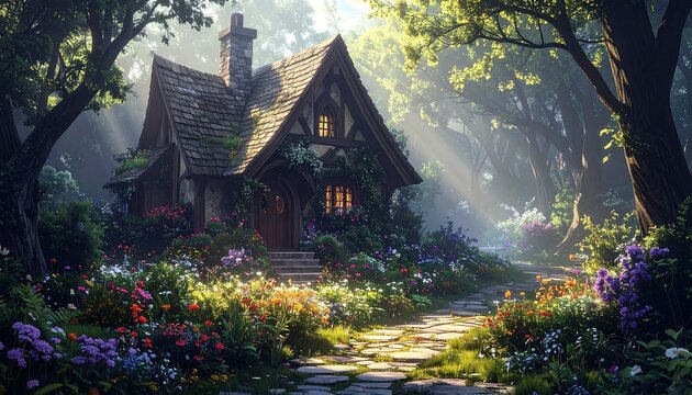 A charming cottage nestled among vibrant flowers and trees bathed in sunlight. A stone path leads to the inviting entrance