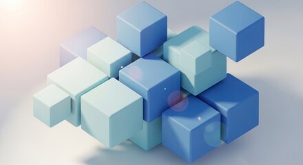 Obraz premium Abstract rendered composition of stacked, floating blue & teal cubes on white