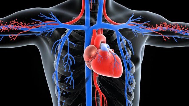 Medical animation of the human cardiovascular system showing the heart, arteries and veins. Sequence illustrating the formation of a blood clot or embolism in the bloodstream