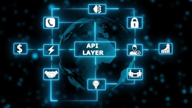  API  layer network interface with digital connections neon digital solution concept with connected technology icons..