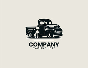 Obraz premium Vintage pickup truck with sitting dog in clean modern automotive vector illustration style