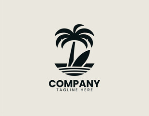 Fototapeta premium Tropical palm tree with surfboard in clean modern beach lifestyle vector illustration style