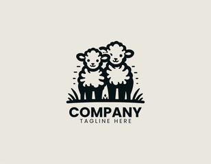 Fototapeta premium Two cute baby lambs standing together in clean modern farm mascot vector illustration