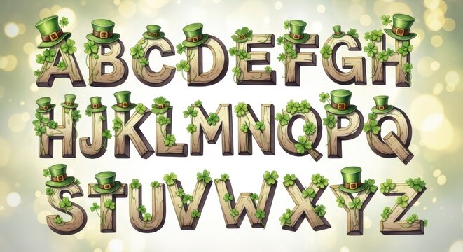 Decorative alphabet letters, with clover and hats, for a holiday