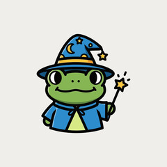 Obraz premium Cute Wizard Frog Character Holding Magic Wand, Cartoon Style