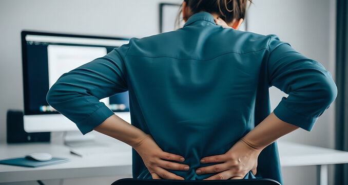 Woman worker touching lower back pain while sitting at office computer