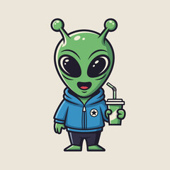 Obraz premium Cute Green Alien Character Wearing a Blue Hoodie Holding a Drink