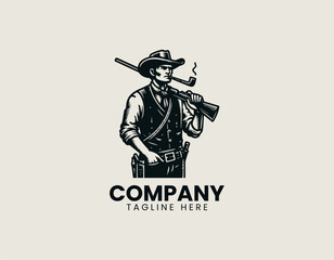 Fototapeta premium Stylized western cowboy holding rifle in vintage illustration style is presented as bold monochrome vector logo on clean white background