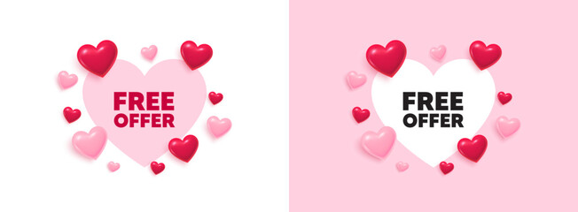 Free offer heart shaped banner. 3d flying hearts. Free offer tag. Special offer sign. Sale promotion symbol. Valentines day greeting card. Cute 3d love hearts. Vector © blankstock