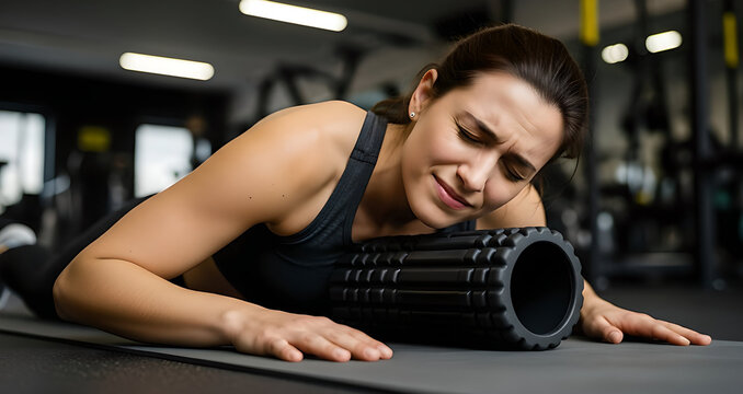 Young woman grimacing in pain while using foam roller on her upper back in gym