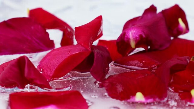 Red rose petals falling down into the cosmetic gel close up