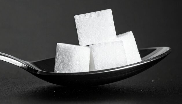 Pristine White Sugar Cubes Stacked on a Silver Spoon with Dark Background