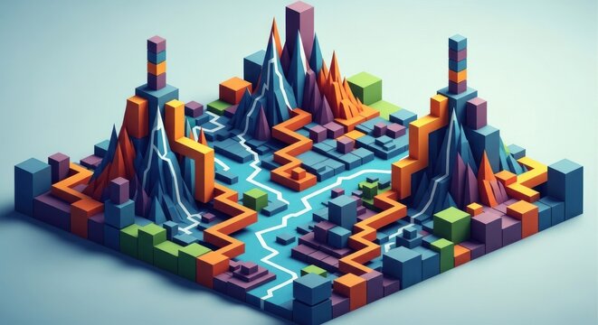 Isometric 3D rendering of a colorful, blocky landscape with mountains, rivers and structures