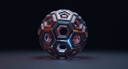 Fototapeta premium Metallic spherical sculpture comprised of interlocked pentagonal and hexagonal shapes