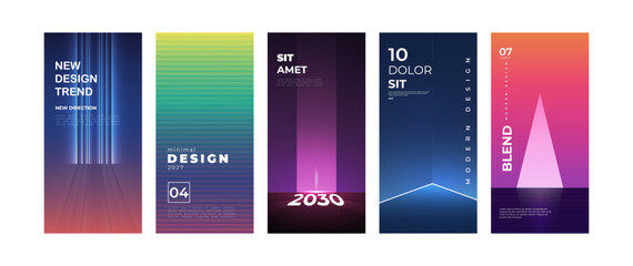 Modern abstract vertical poster template collection featuring bold gradient backgrounds, geometric elements, dynamic light effects, and contemporary typography layouts. © Tech Nova