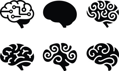 Collection of six stylized brain icons representing different concepts like technology and creativity isolated on transparent background © MDmamun