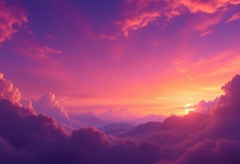 Fototapeta premium Vibrant sunset painting with fluffy clouds, soft hues, and mountain silhouette