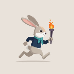 Running rabbit carrying Olympic torch, symbolizing speed, victory, and sportsmanship