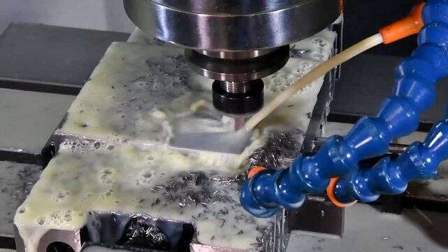 Milling with coolant. Using cutting fluid for metal milling. Material cooling systems.