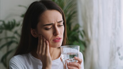 A woman grimaces in noticeable discomfort while gripping a glass of water, clearly expressing pain or distress