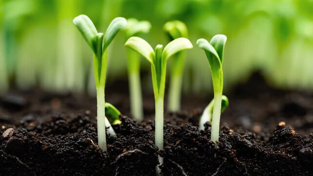 Delicate green seedlings bravely breaking through the fertile soil, a vibrant emblem of life's resilience, new beginnings, and the promise of future growth