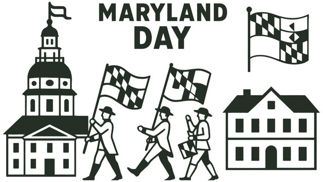 Maryland Day illustration with colonial soldiers and state flags waving