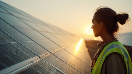 Obraz na płótnie Canvas A woman wearing safety gear stands deep in thought at a solar energy facility, reflecting on sustainability efforts