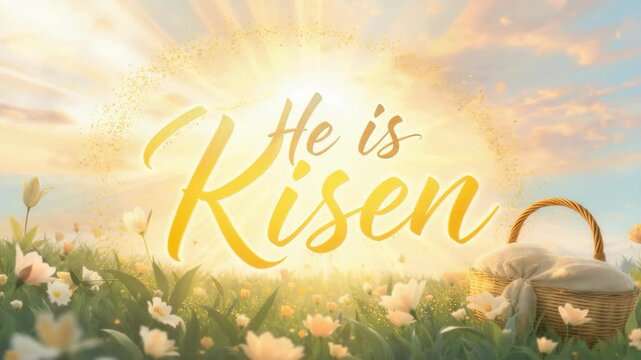 Inspirational Easter Sunrise with He is Risen Over a Field of Flowers and a Basket of White Cloth  Symbolizing Resurrection Celebration