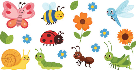 Cute Cartoon Insect Vector Set Featuring Butterfly, Bee, Ladybug, Snail, Caterpillar, Ant, and Grasshopper with Spring Flowers © sojibislam
