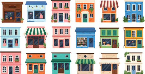 Colorful cute flat vector storefront and house illustration set with small shops, cafes, boutiques and urban buildings for city street design, branding and web use