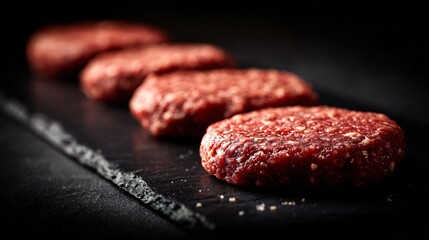 Raw ground beef formed into neat round patties on matte charcoal slate background with dramatic side lighting, visible texture strands, minimalist composition, generous negative space for text