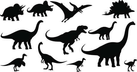 Dinosaur Silhouette Vector Set Featuring Various Prehistoric Creatures like T-Rex, Triceratops, and Brachiosaurus Isolated on White Background © sojibislam