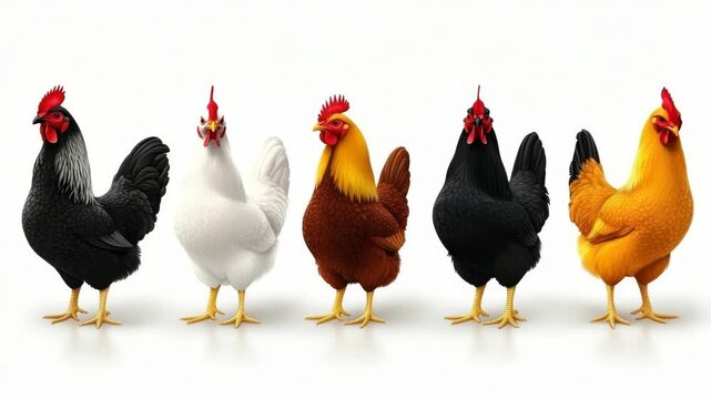Five stylized roosters with different plumage stand in a row against a plain white backdrop