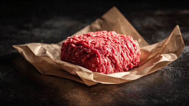 Raw ground beef wrapped in butcher paper on dark matte background, sharp overhead light, strong shadows, modern editorial product-style composition