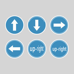 Set of directional arrows and text signs on blue circles, indicating movement and direction