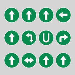 Set of green directional arrows on a gray background, vector icons