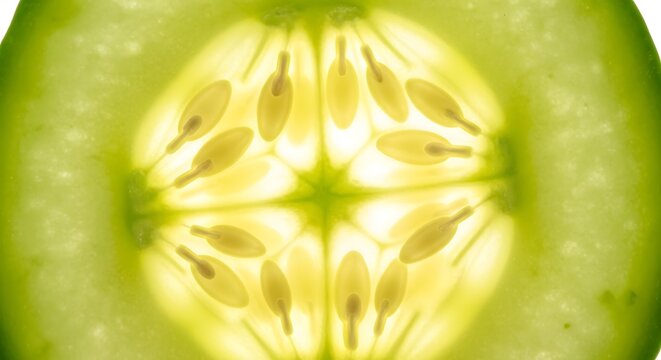 A detailed close-up view of a fresh cucumber slice revealing its intricate seed pattern and vibrant green texture