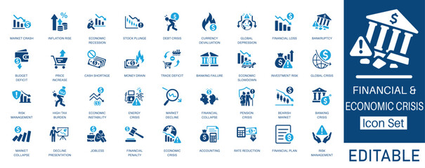 Financial and Economic Crisis icon set. Includes symbols for Market Crash, Inflation, Bankruptcy, and Recession. Solid glyph vector icons for risk management, financial planning, and business projects