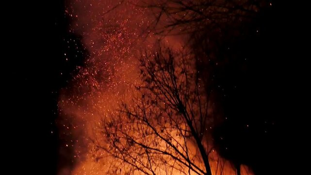 The house is on fire, the nighttime flames of disaster. Natural wild flames burn houses.