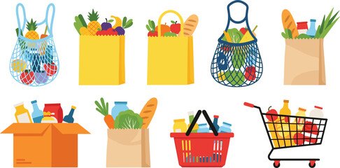 Grocery Shopping Vector Set Featuring Eco-Friendly Mesh Bags, Paper Bags, Cardboard Box, Plastic Basket, and Supermarket Trolley Full of Fresh Food © sojibislam