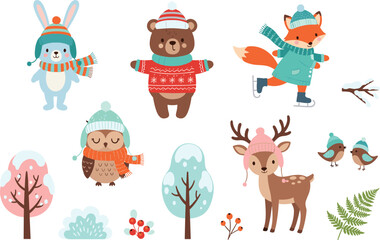 Obraz premium Cute winter woodland animals collection with bear fox deer owl and seasonal nature elements