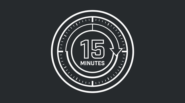 Simple white 15 minutes timer icon, perfect for indicating short deadlines, quick breaks, or efficient task completion on a dark backdrop.