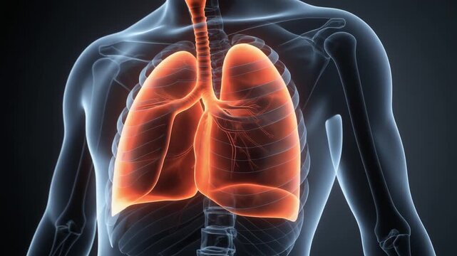 Human lungs glowing orange inside a transparent male anatomical torso shown through a smooth panning camera movement in this professional 3D medical illustration video.