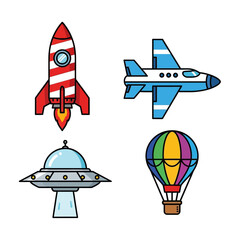Obraz premium Set of flying vehicles: rocket, airplane, UFO, hot air balloon