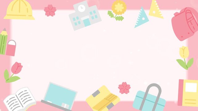 春の入学お祝いフレーム動画｜揺れるランドセルと花のアニメーション（4月・小学校）