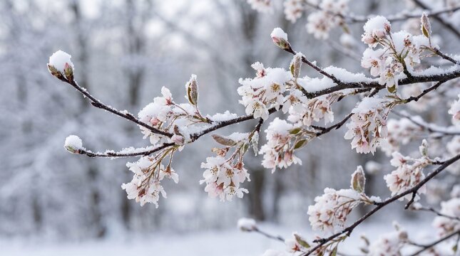 Snowy mespilus blooms on branches in winter landscape  