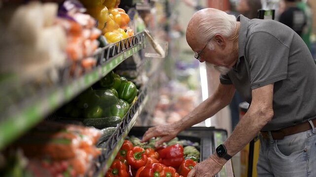 Senior man picks fresh vegetables at grocery store while shopping for food in the afternoon.